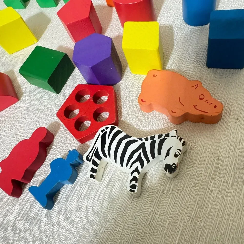 Vtg Lot‎ Childrens Multi-Color Wooden Building Blocks Animals People Montessori